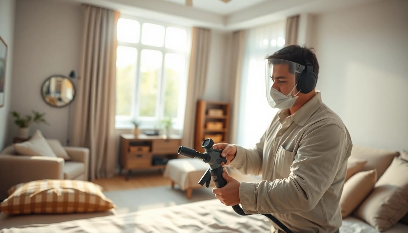 Bed bug exterminator treating a bedroom for infestations using advanced techniques.