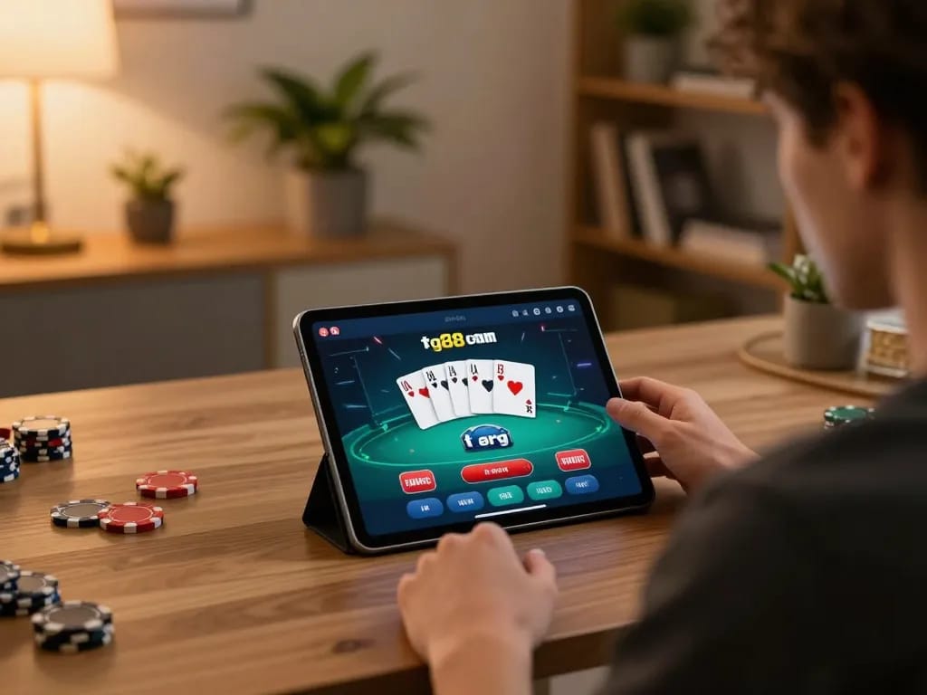 Player engaging with the tg88 casino app on a tablet for online gaming excitement.