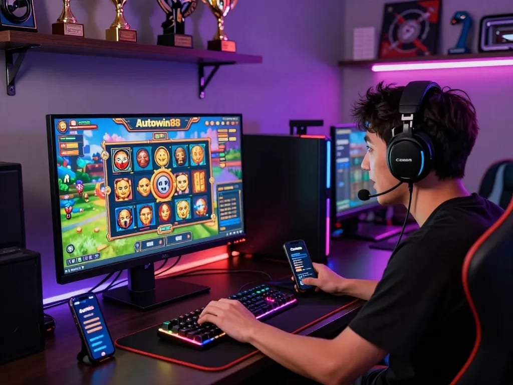 Exciting gaming environment showcasing Autowin88 slot games with vibrant graphics, vibrant player engagement.