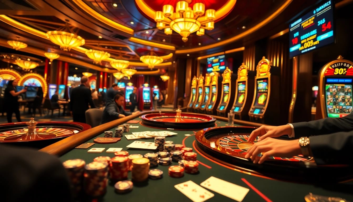 Experience the thrill of gambling at https://www.6l777.org/ with a vibrant casino scene filled with poker chips and dice.