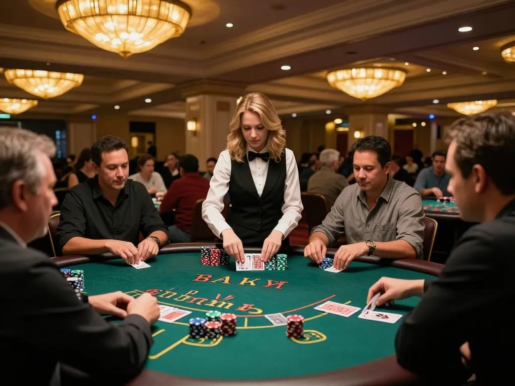 Players at TG88 casino focused on blackjack strategy, chips stacked high in a vibrant atmosphere