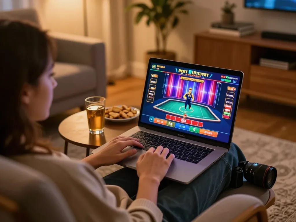 Engaging with spin aud live dealer game on laptop in a cozy home setup.