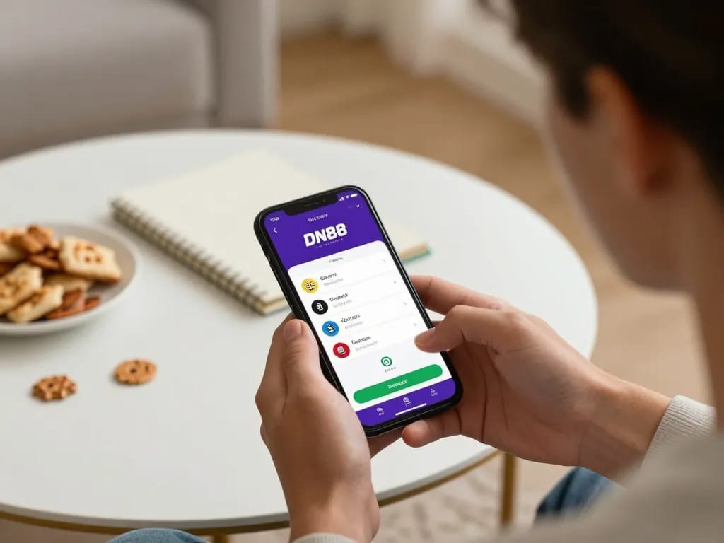 Player engaging in live betting on DN88 app from smartphone in a cozy setting