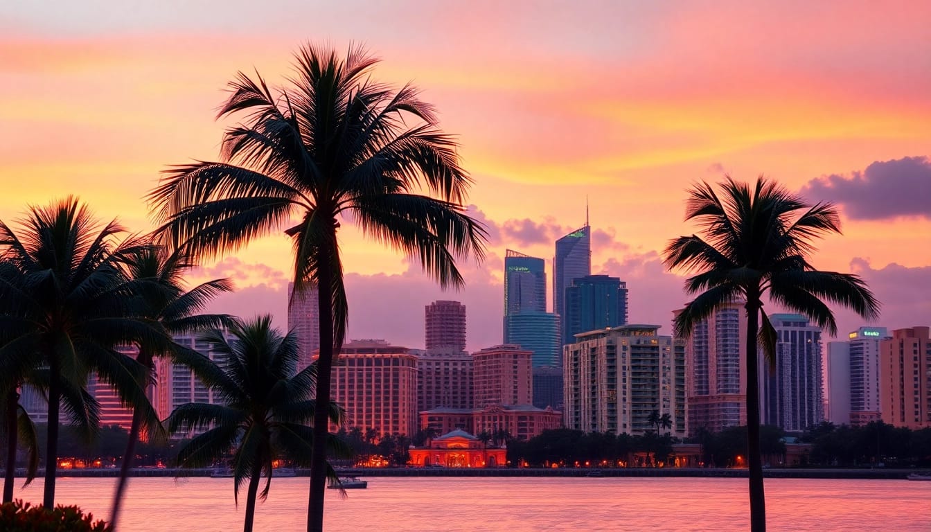 Captivating sunset skyline in South Florida Reporter, featuring palm trees and urban architecture.