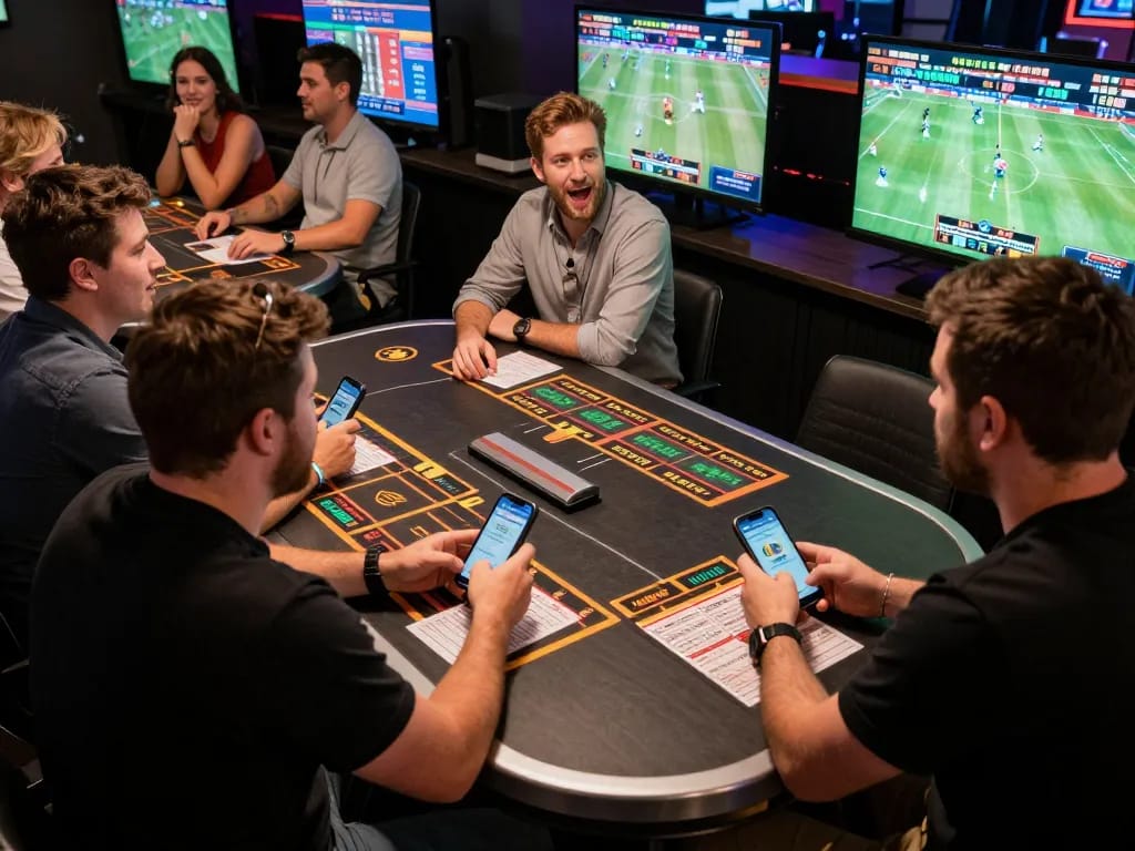 Engaged players enjoying live sports betting at Lucky88, showcasing vibrant screens and active betting moments