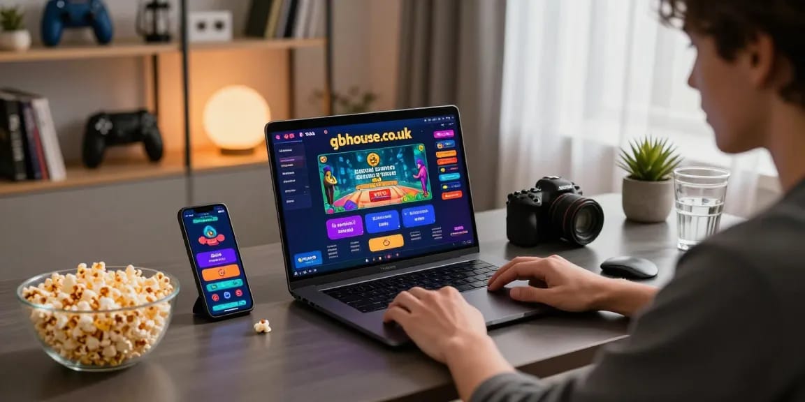 Player enjoying online gaming experience featuring thegbhouse.co.uk promotions in a cozy home office setup.