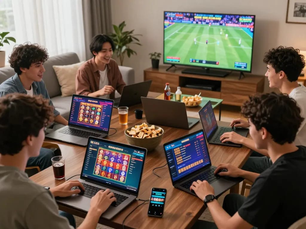 Exciting NK88 online gaming scene with players engaging in vibrant betting activities at home.