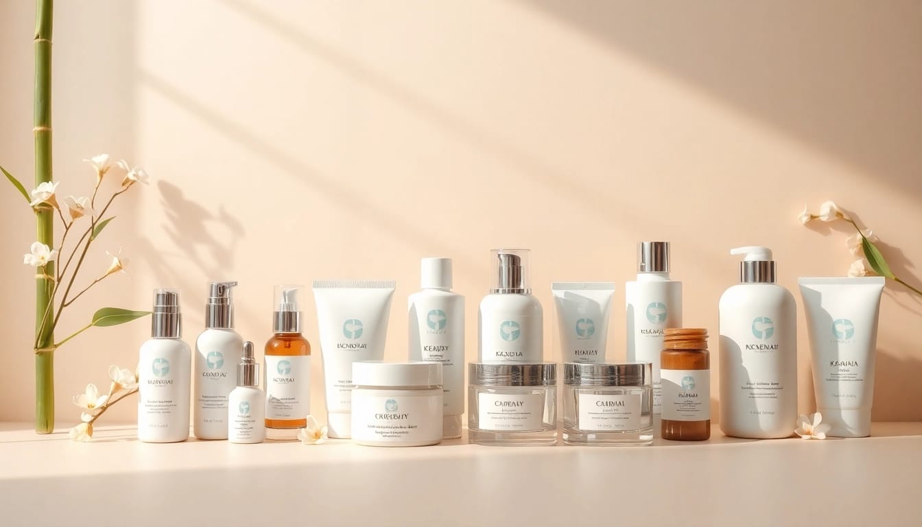 K-Beauty i Sverige – produktpresentation som visar populära hudvårdsprodukter i en lugn och inbjudande layout.