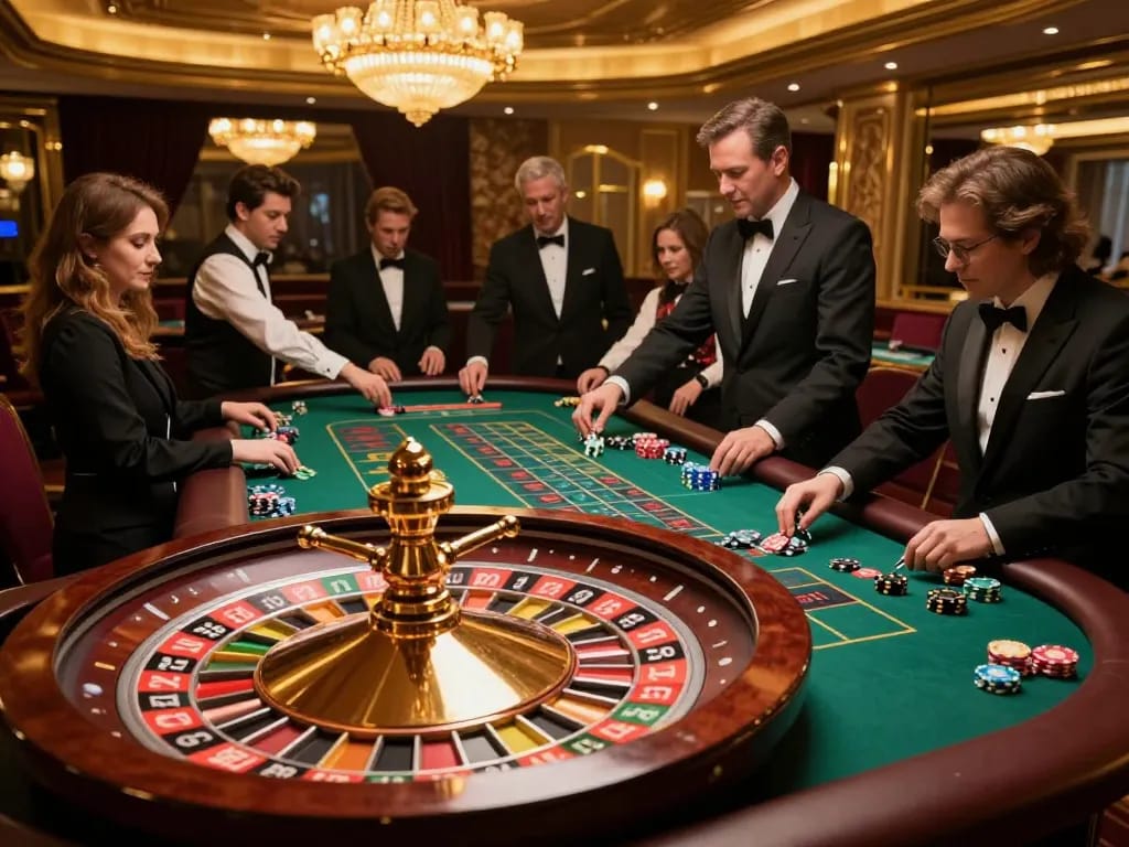 RR88 players enjoying an exciting roulette game at a luxurious casino table, dramatic action and atmosphere