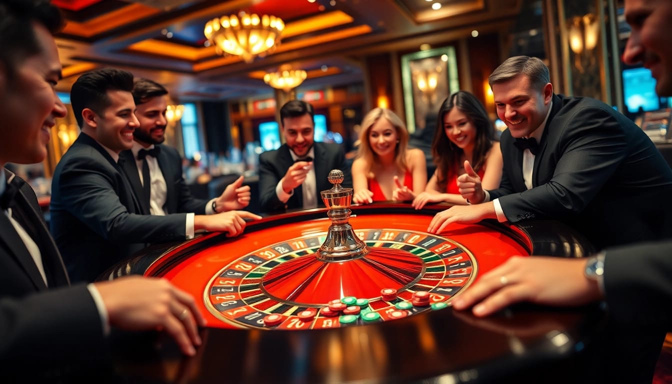 Players enjoying the thrill of 8win casino games at a vibrant roulette table.