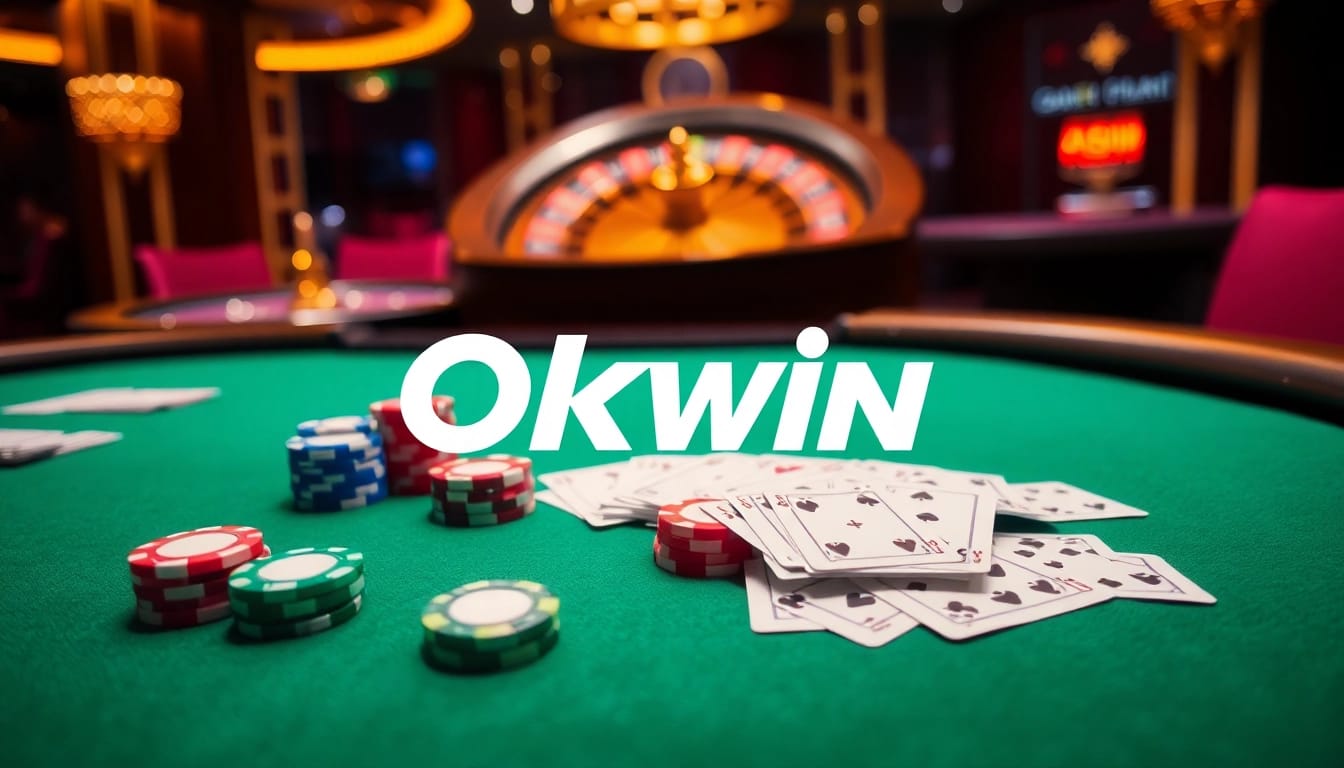 Engaging casino scene with Okwin branding featuring poker chips and roulette for a thrilling gaming experience.