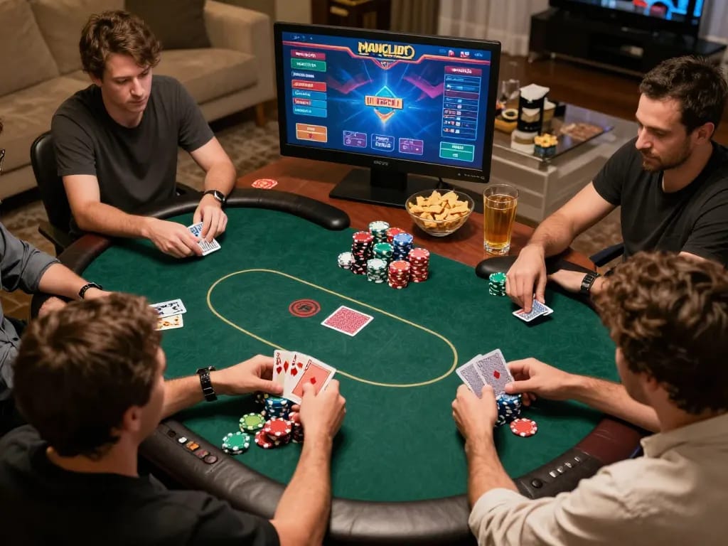 Players enjoying a thrilling poker game at Manclub's online casino platform in a cozy home setting.