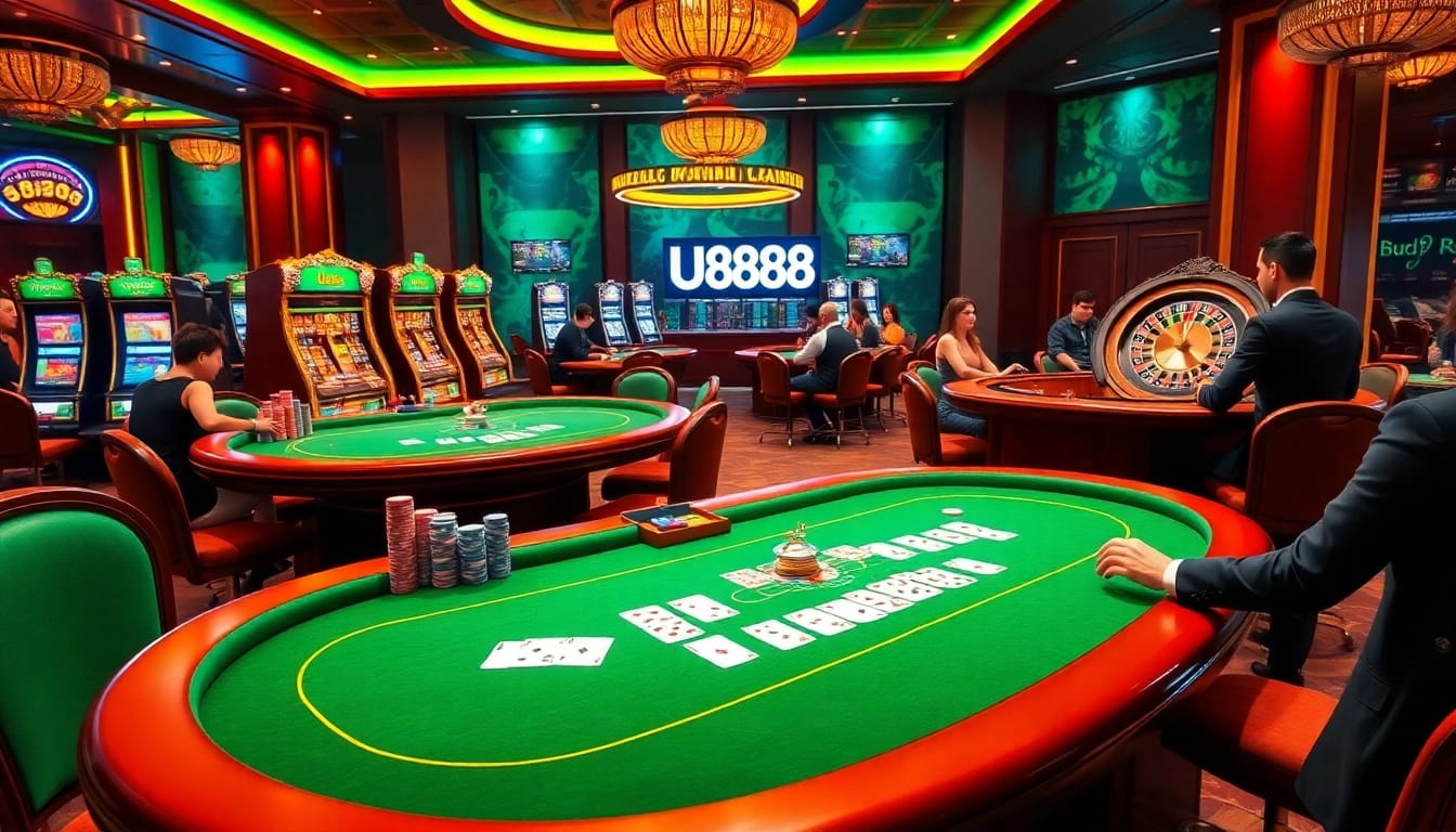 Exciting gaming scene featuring U888 online gambling with colorful chips and cards on casino tables.