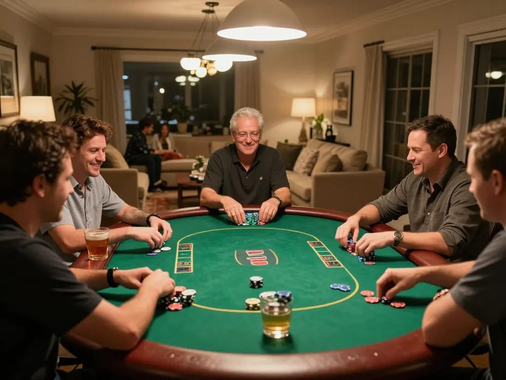 CM88 players strategizing during a friendly poker night, showcasing a vibrant home gaming atmosphere.