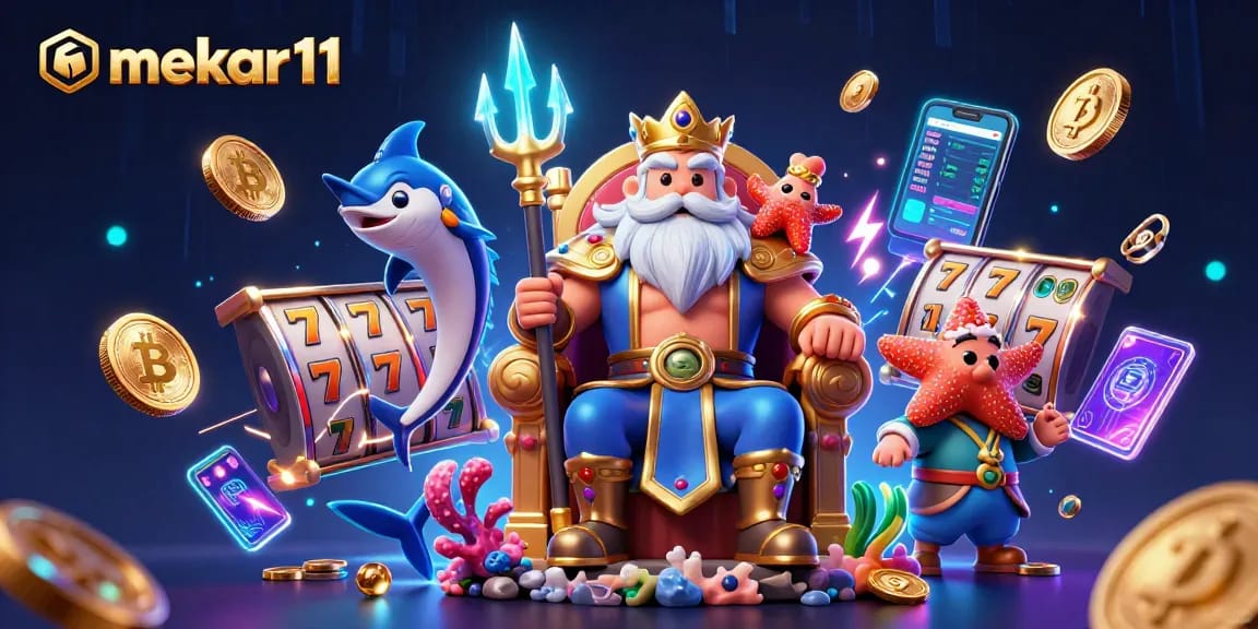 Mekar11 offers thrilling slot adventures with a vibrant scene of Neptune, samurai, and coins.