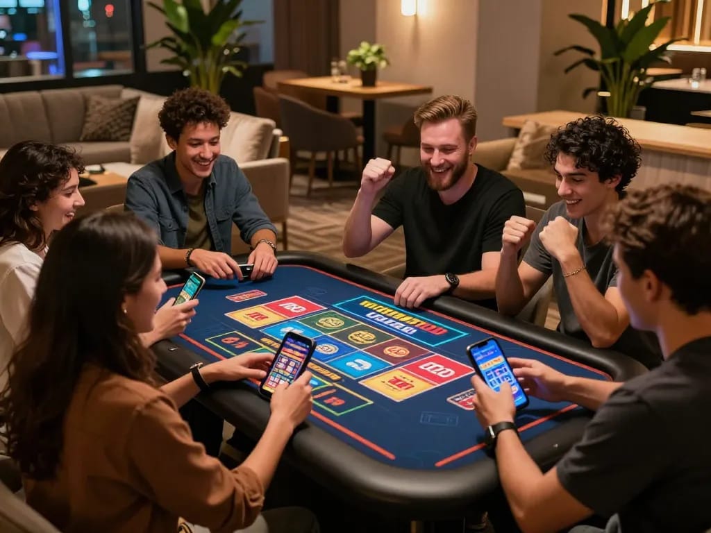 Friends enjoying a lively wraungtoto gaming session in a modern lounge.