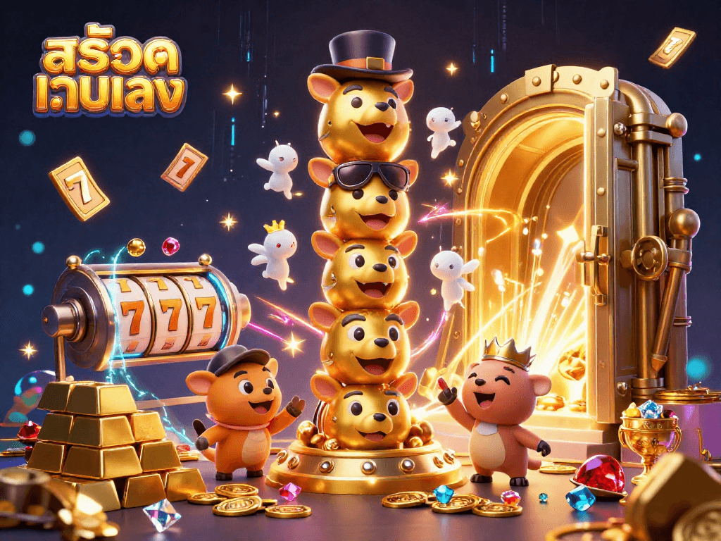 Engaging สล็อตเว็บตรง scene with a 3D golden totem and vibrant casino elements.