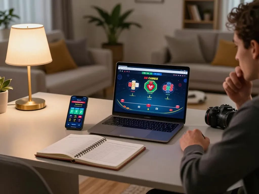 Person engaged in online poker game betting on tx88, showcasing a stylish home gaming setup with strategic notes.