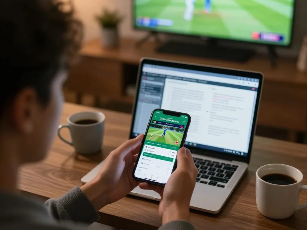 BK33 user engaged in mobile cricket betting with live odds and match statistics at home.