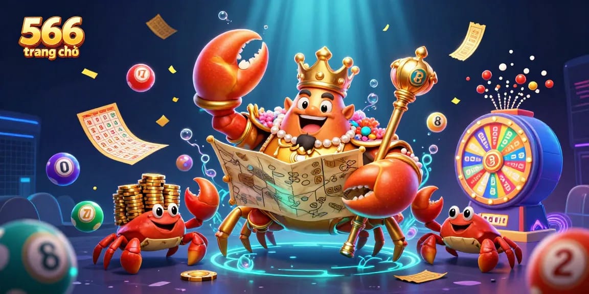 Play exciting games at 566 trang chủ, featuring vibrant lottery balls and a golden crab emperor.