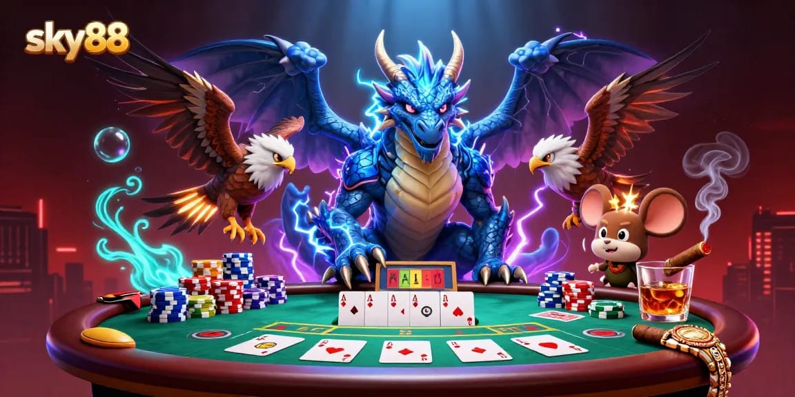 Experience thrilling gameplay at sky88 with vibrant poker elements and dynamic characters illustrated creatively.