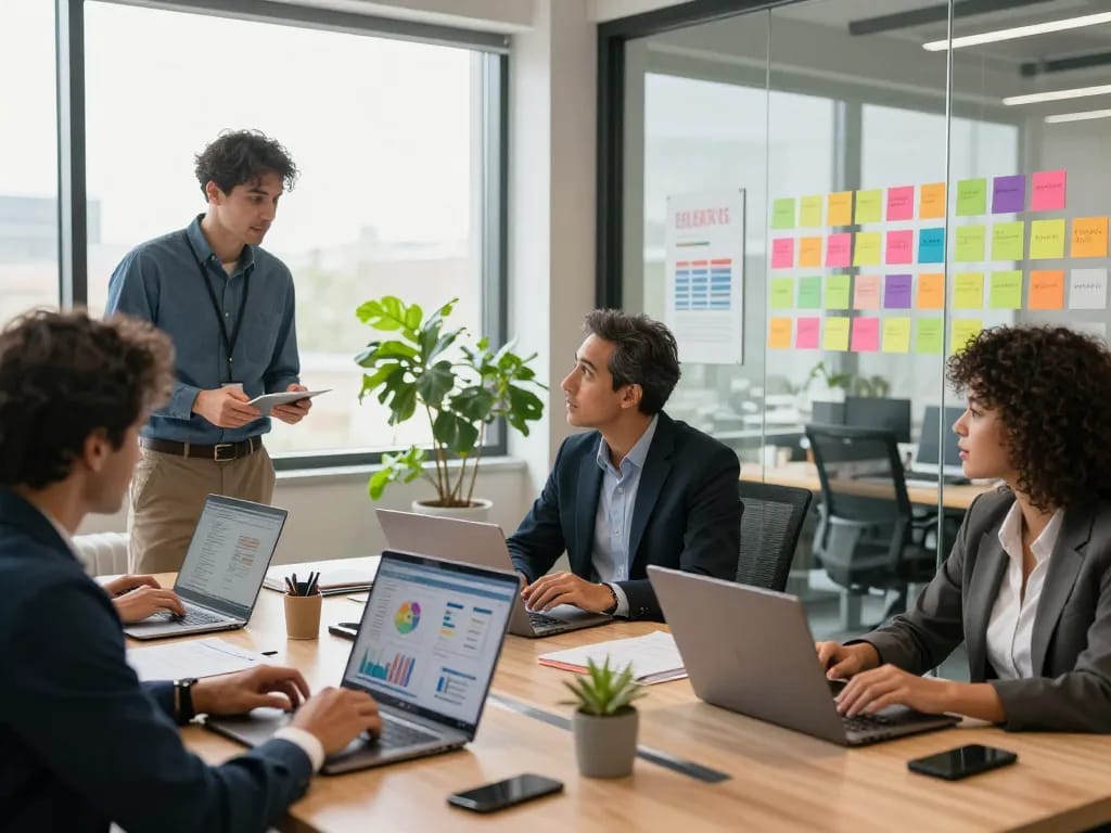 現代的なオフィスで協力する合同会社SUMXのチームが、デジタルマーケティング戦略とクリエイティブなブレインストーミングを披露しています。