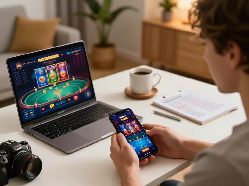 player engaging with vipwin mobile casino app in a cozy home gaming setup