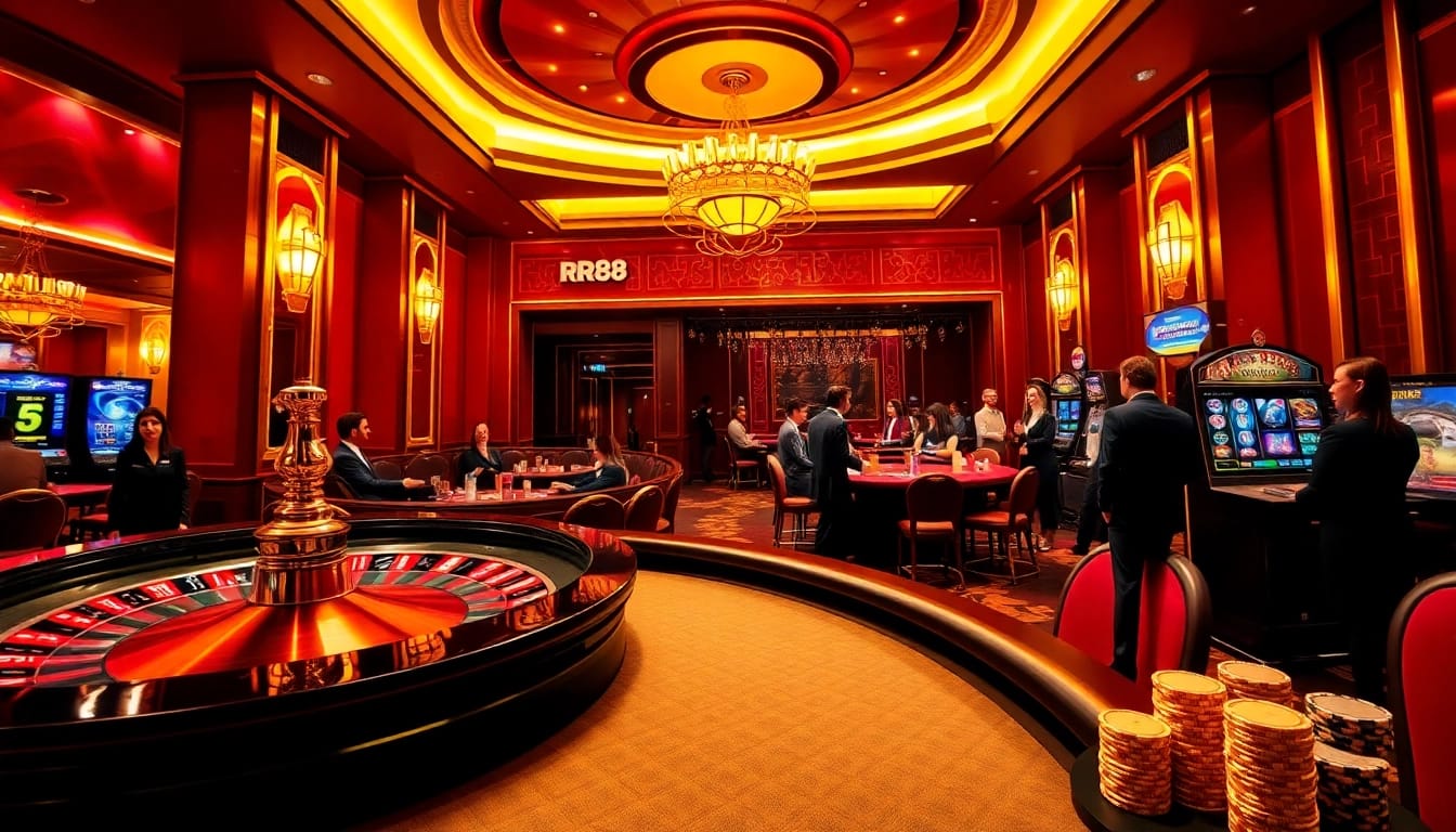 High-stakes action at RR88 with players enjoying vibrant casino games like roulette and slots.
