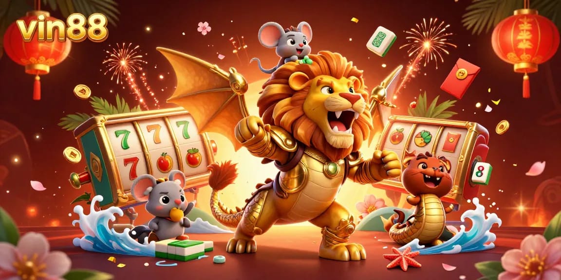 Experience the thrill of vin88 with a vibrant 3D casino scene featuring slots, dragons, and golden treasures.