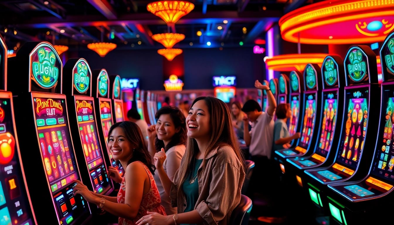 Permainan petanitoto menarik dengan pemain ceria dan mesin slot berwarna-warni.