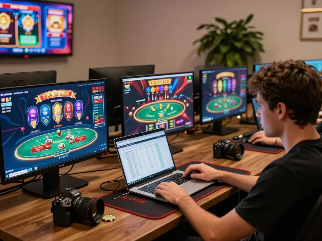 Engaged player strategizing and gaming on shbet across multiple screens in a cozy modern setting.