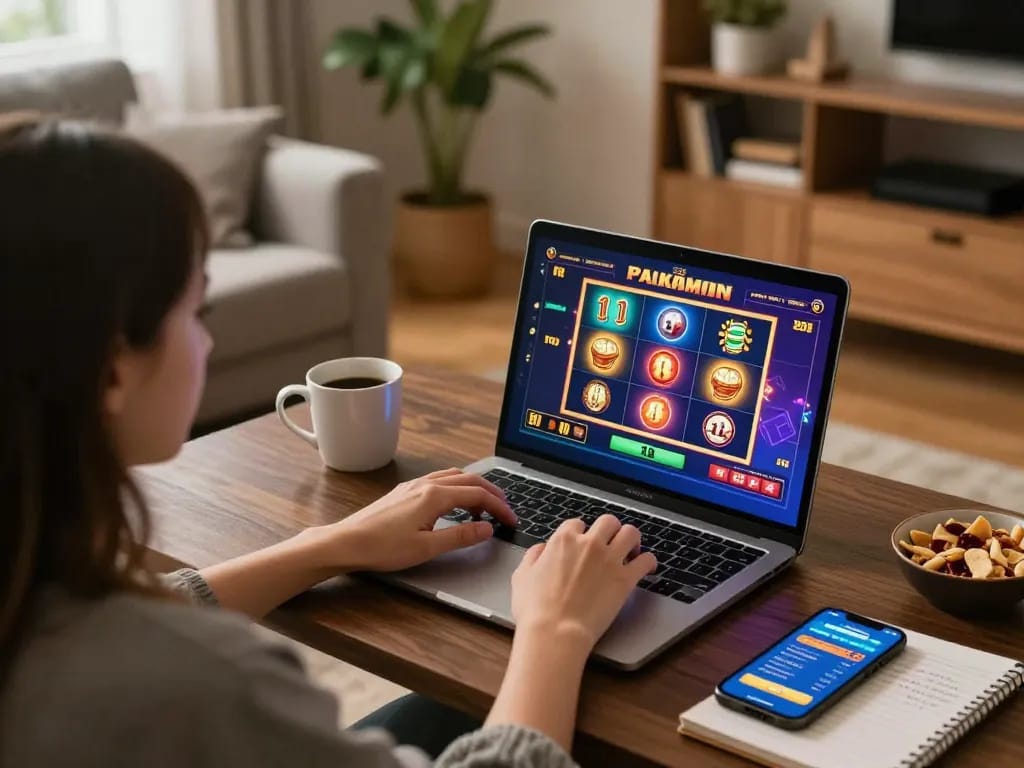 Engaged player exploring MB66 online casino platform on laptop, showcasing an exciting gaming experience.