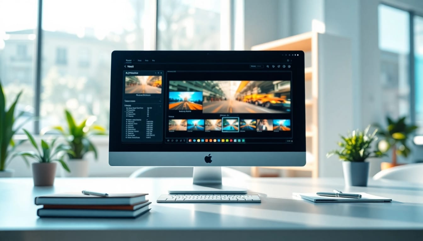Showcasing an AI video generator with creative digital features in a professional workspace.