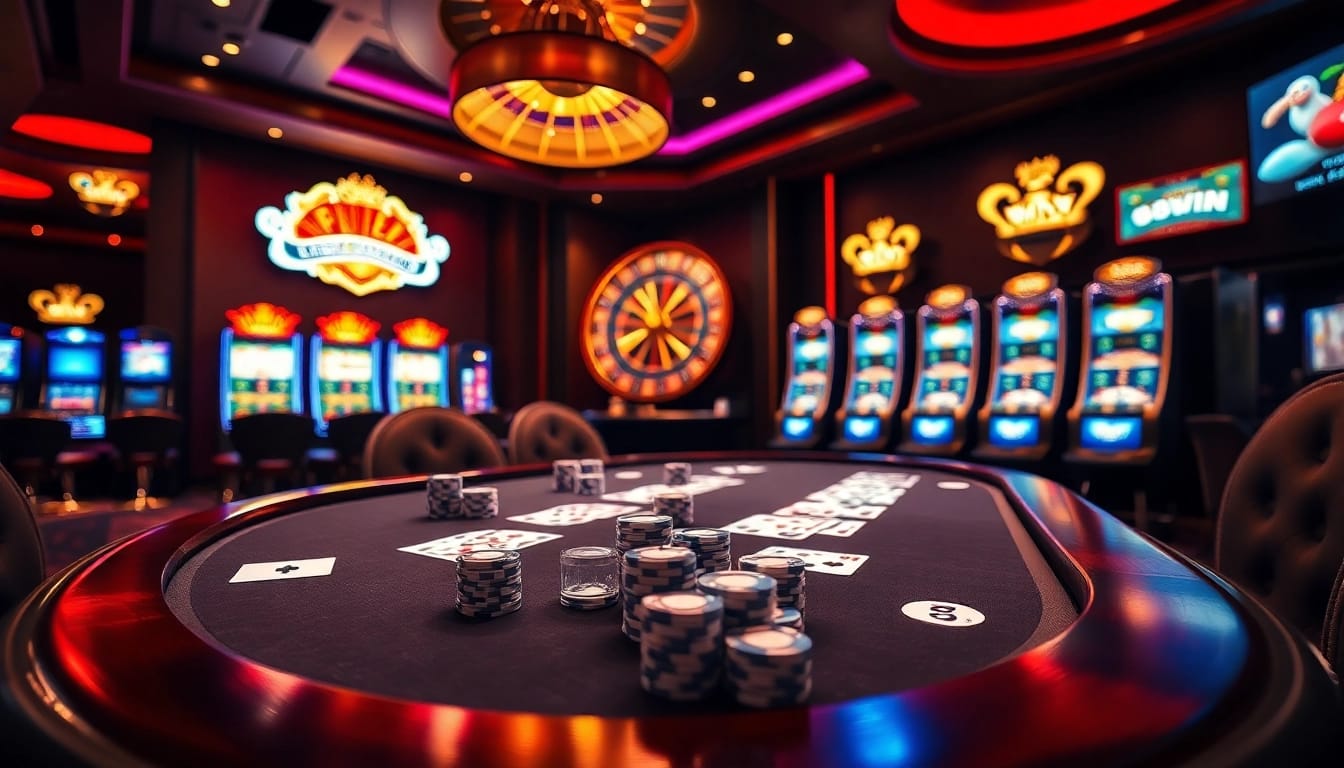 Experience the thrilling excitement at 98win with luxurious poker tables and vibrant casino elements.