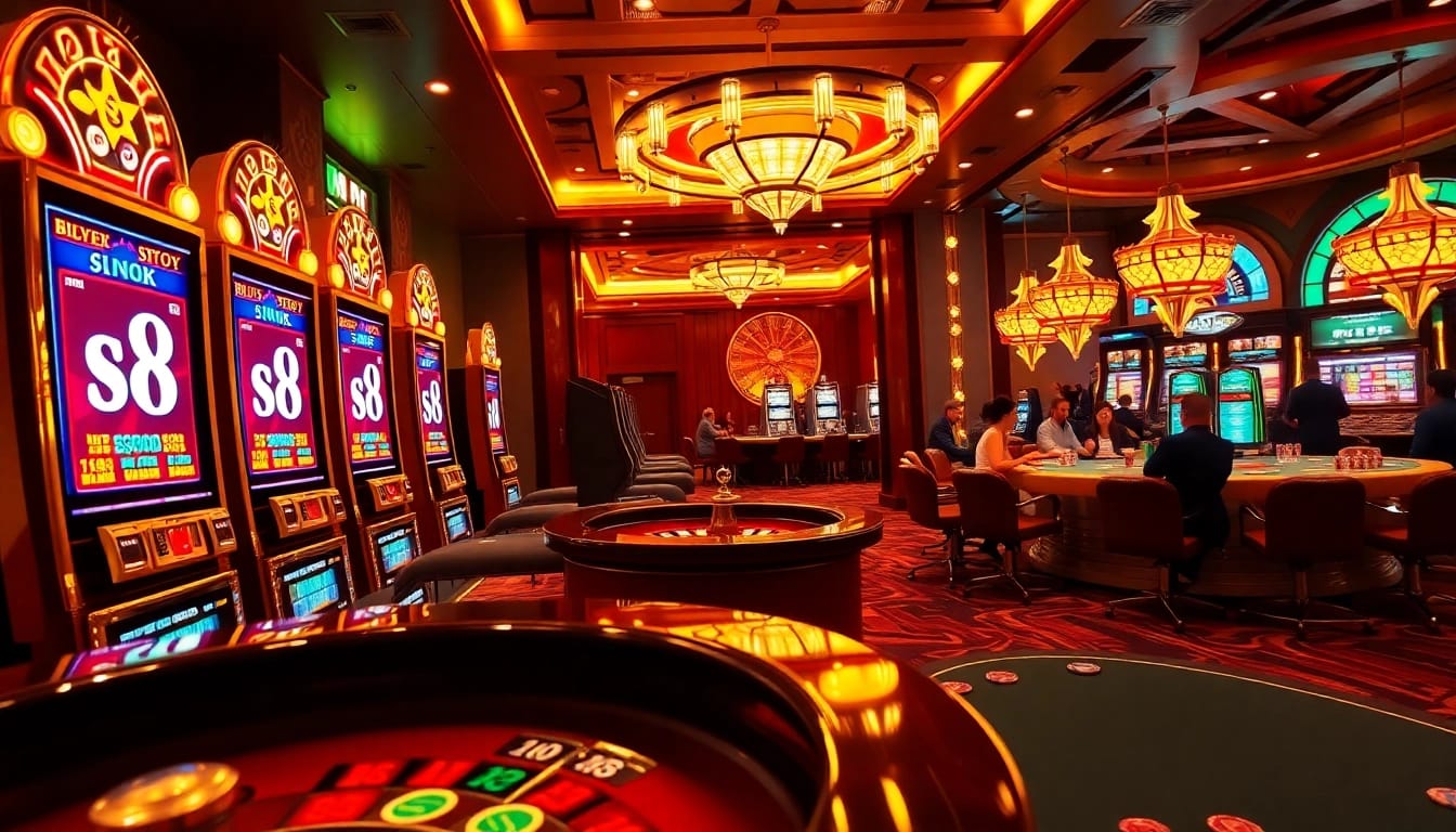 S8 casino scene showcasing vibrant slot machines, roulette wheel, and excited players in action.