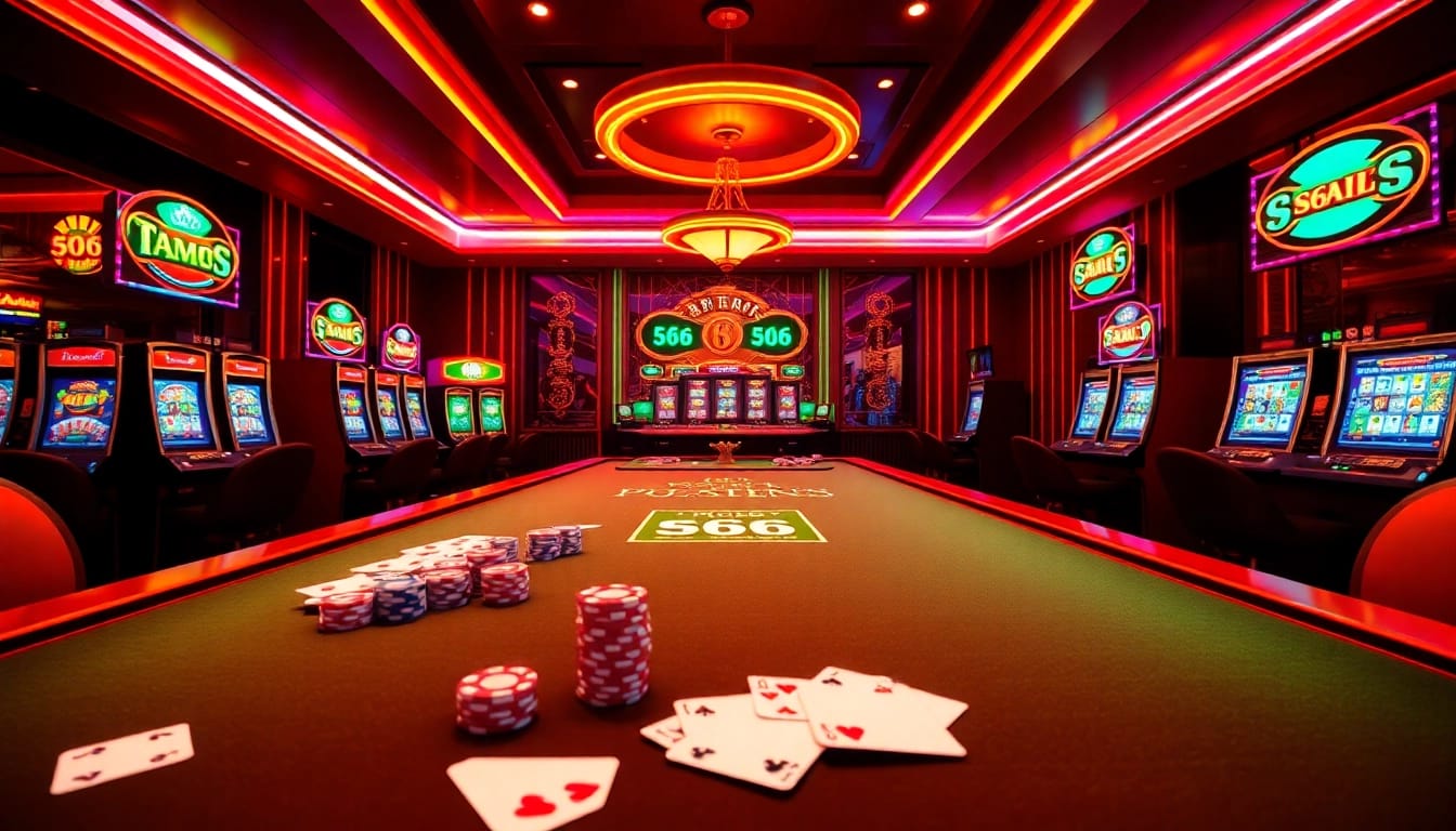 S666 plus table game in an extravagant casino setting with vibrant visuals of cards, chips, and roulette wheel.