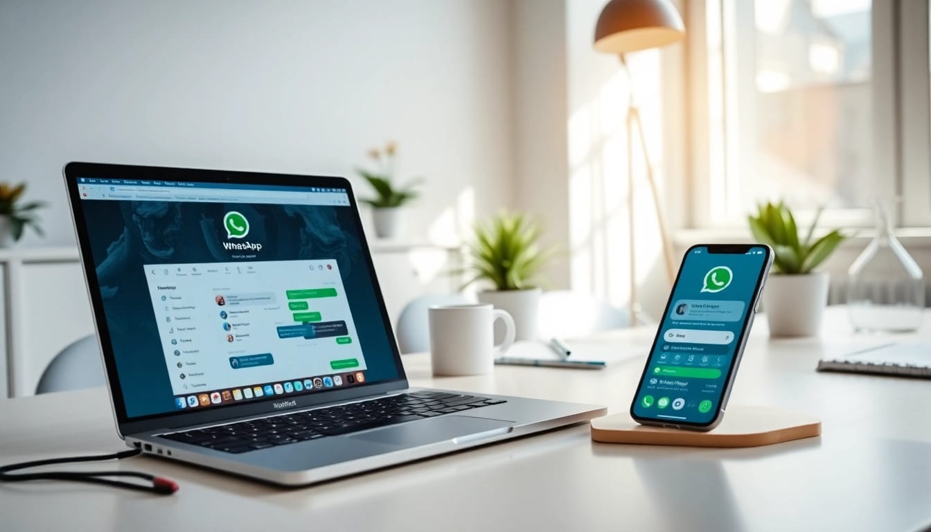 WhatsApp Web interface displayed on a laptop, showing seamless connectivity between devices in a modern workspace.
