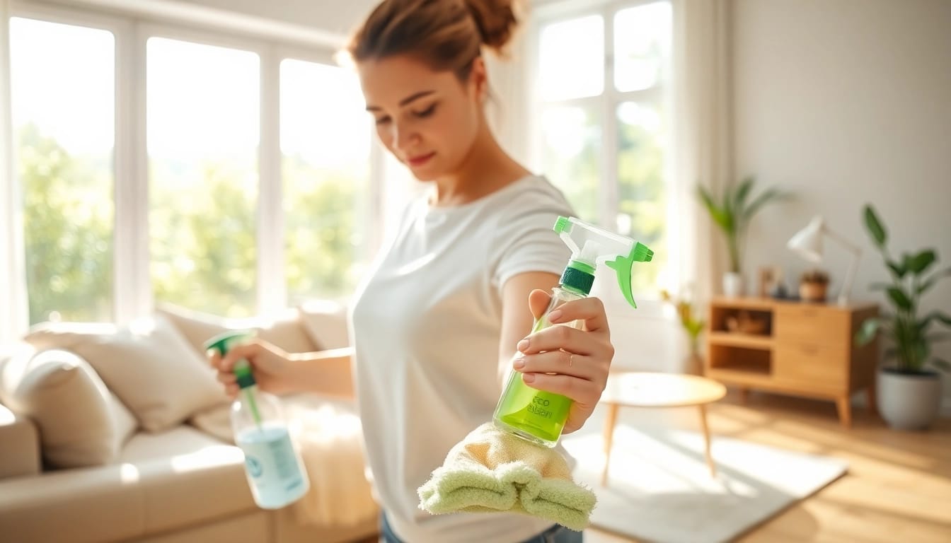 Maintain a professional cleaning service in a bright, inviting living room showcasing eco-friendly products.