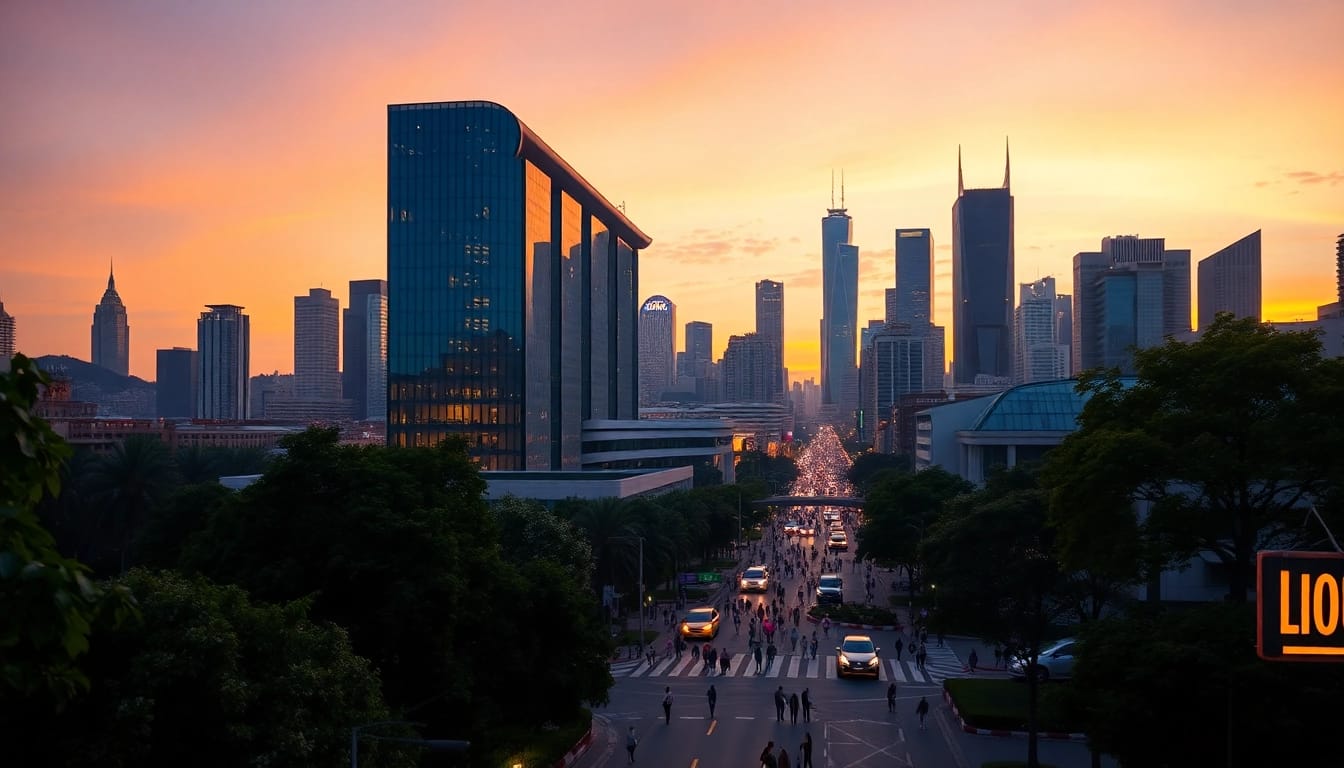 Showcasing innovation in the city, 79king architecture illuminates the skyline at dusk.
