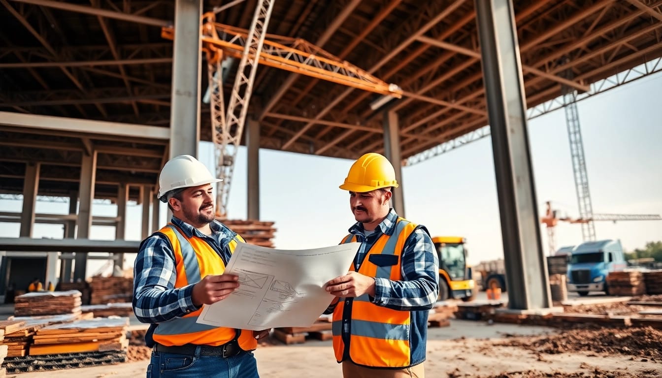 Tennessee construction news highlighting workers examining blueprints on a busy construction site.