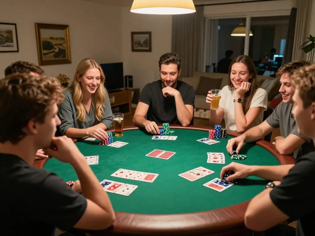 Playing poker with friends at home during a 부산비비기 night, showcasing strategy and fun in a vibrant atmosphere.