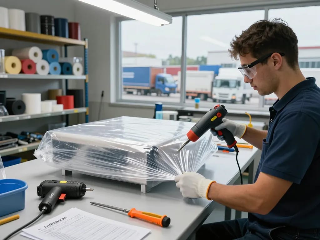 Dịch vụ bóc ép plastic in action with technician removing plastic wrap using heat in a well-organized warehouse.
