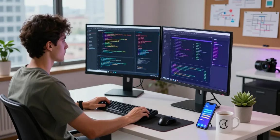 Dynamic software development scene illustrating crush ai in action with dual monitors and coding activities.