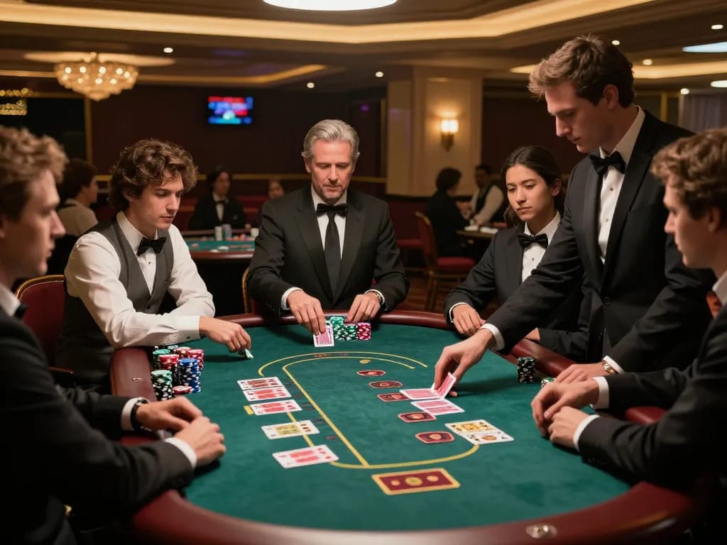 Players enjoying a thrilling blackjack game at Da88, showcasing strategic betting and social excitement in a luxurious casino setting