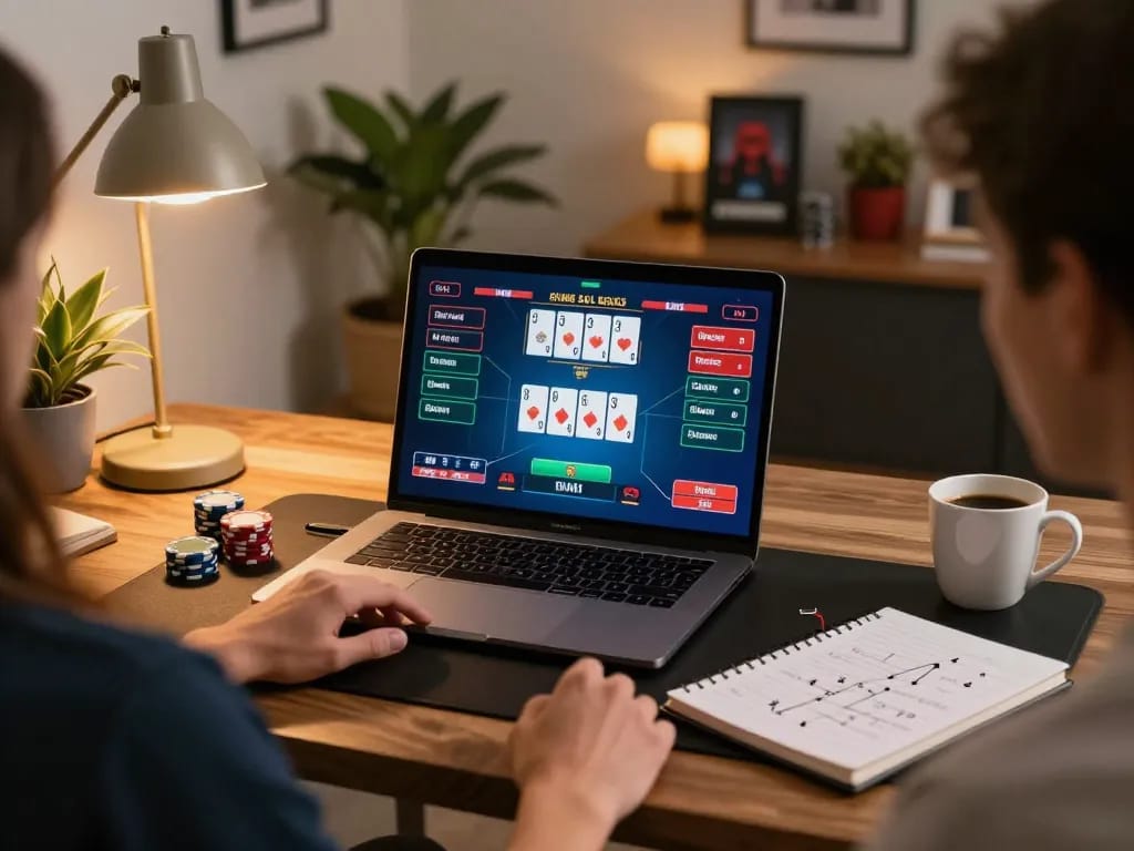 LUCK8 player excitingly betting during an online poker game on a laptop.