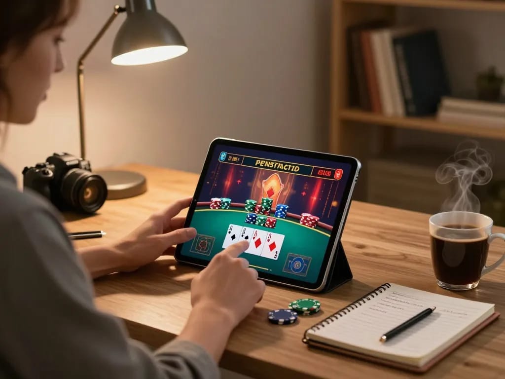 Engaging in live blackjack on a tablet, showcasing NHÀ CÁI XO88 in a cozy home gaming setup.