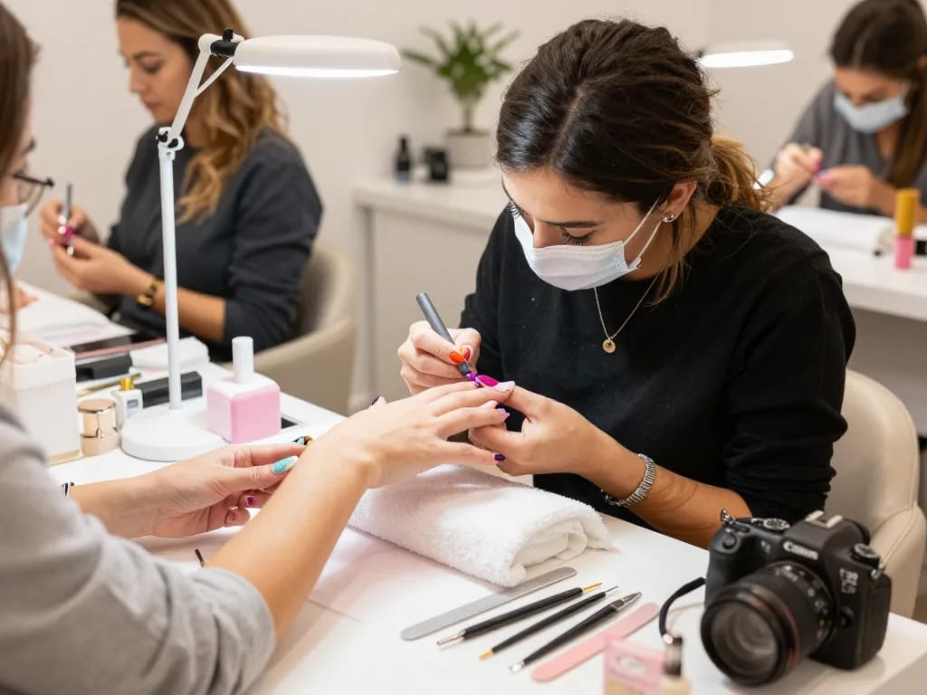 Nails expertly painted in a modern beauty salon with vibrant gel colors and nail art.