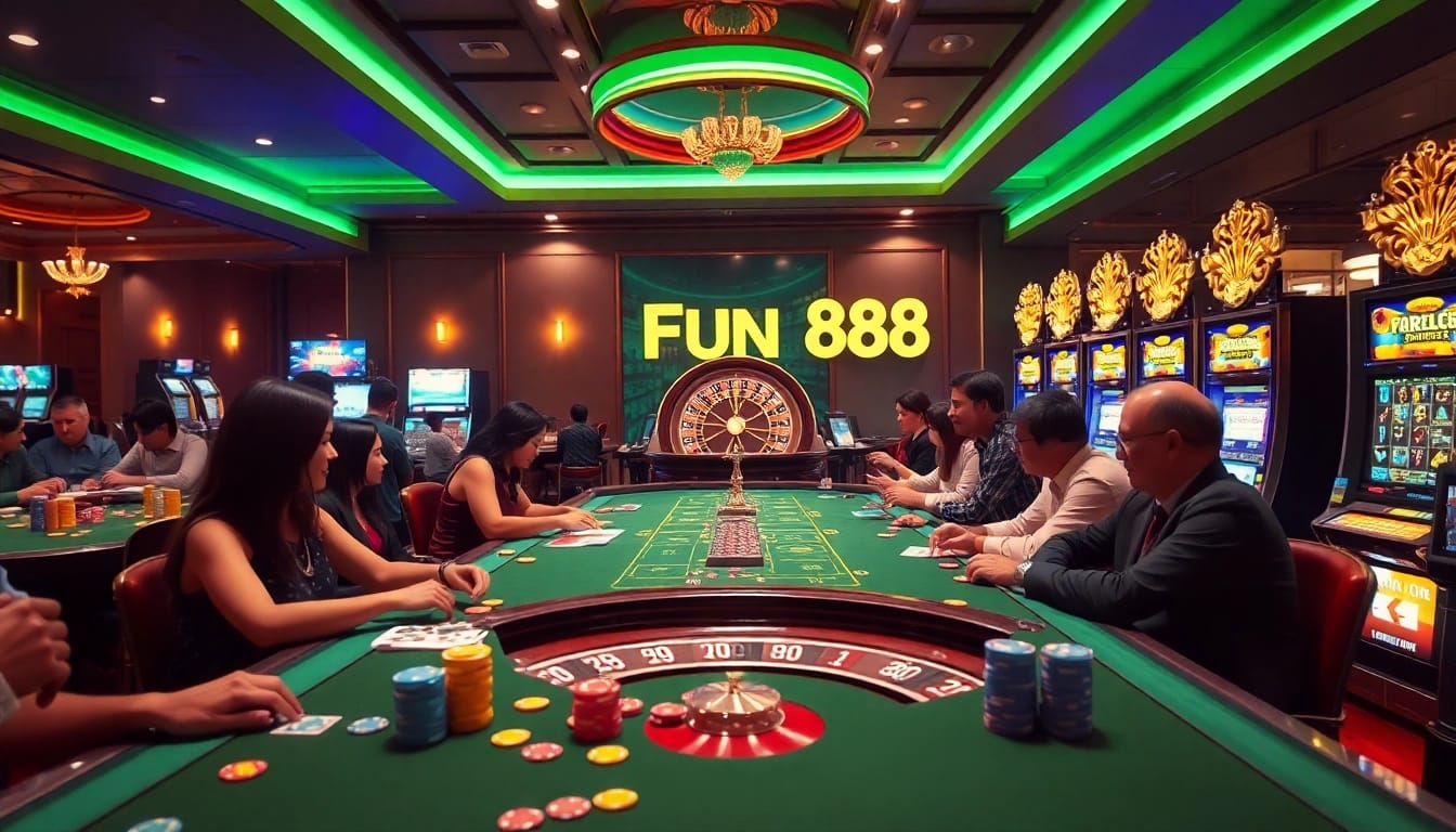 Engaged players enjoying high-stakes games at Fun88 casino, featuring vibrant tables and excitement.