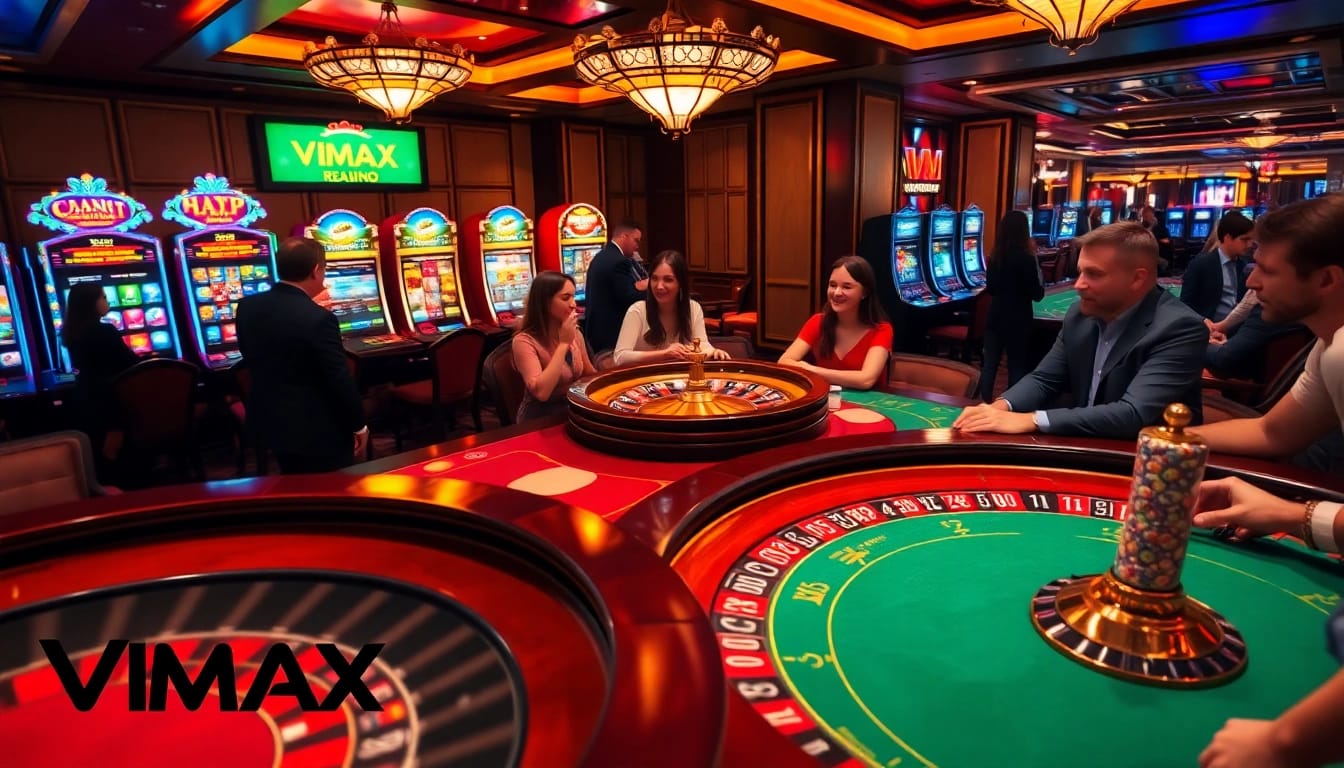 Engage in thrilling blackjack action at VMAX, with vibrant slot machines and a lively casino atmosphere.