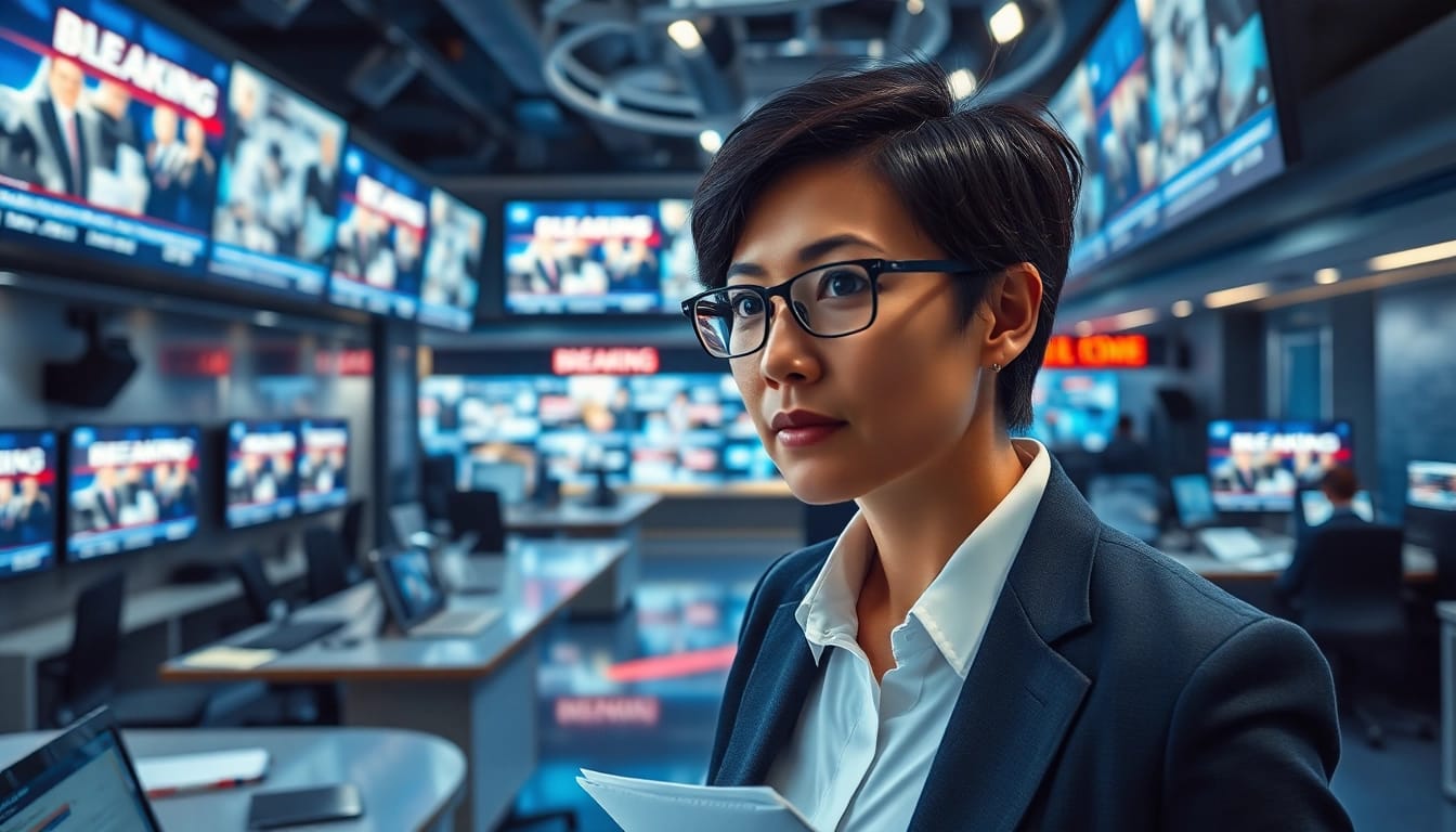 Capture urgent news updates with the Usa Today reporter in a dynamic newsroom setting.